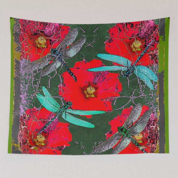 Item preview, ABSTRACTED RED HIBISCUS & DRAGONFLIES designed and sold by sharlesart.