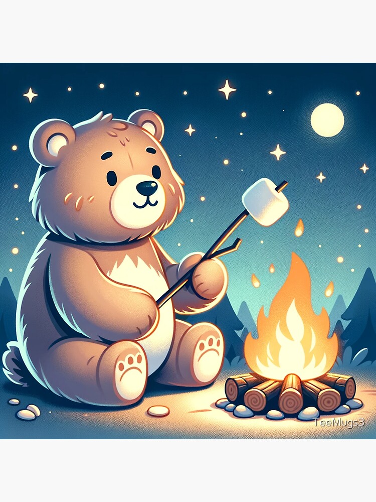 Thumbnail 3 of 3, Sticker, Campfire Bear Roasting Marshmallows designed and sold by TeeMugs3.
