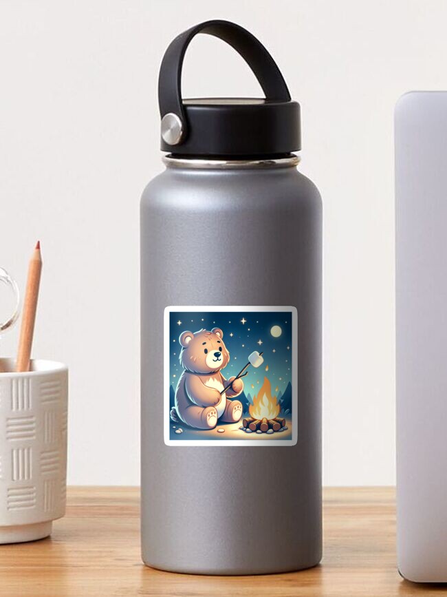Thumbnail 1 of 3, Sticker, Campfire Bear Roasting Marshmallows designed and sold by TeeMugs3.
