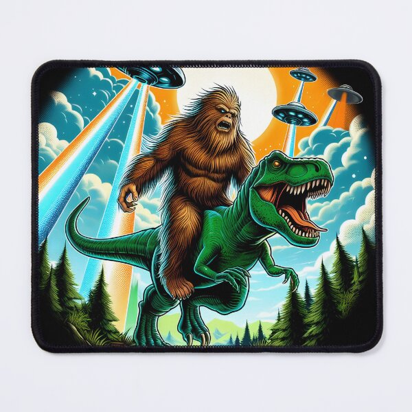 Item preview, Bigfoot Sasquatch Riding a Dinosaur During a UFO Earth Invasion designed and sold by CoffeeAfterDark.