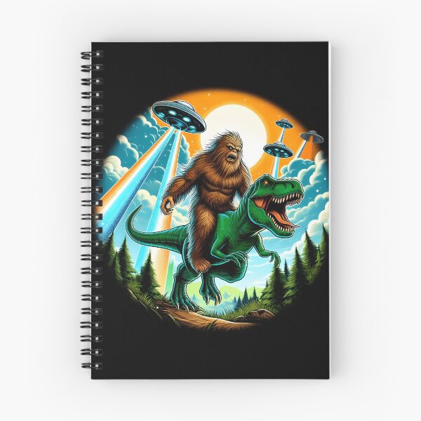Item preview, Bigfoot Sasquatch Riding a Dinosaur During a UFO Earth Invasion designed and sold by CoffeeAfterDark.