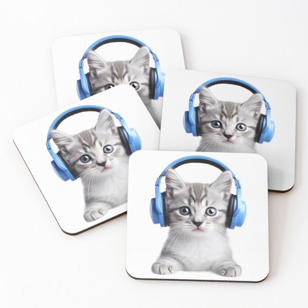 Item preview, tabby kitten wearing blue headphones and enjoying music, presented in high resolution at 300 dpi designed and sold by SOPIZiLA.