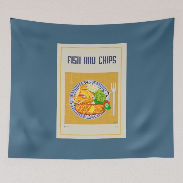 Item preview, FISH AND CHIPS illustration with fish fillet, french fries, tartar sauce and pea sauce designed and sold by Posteria.