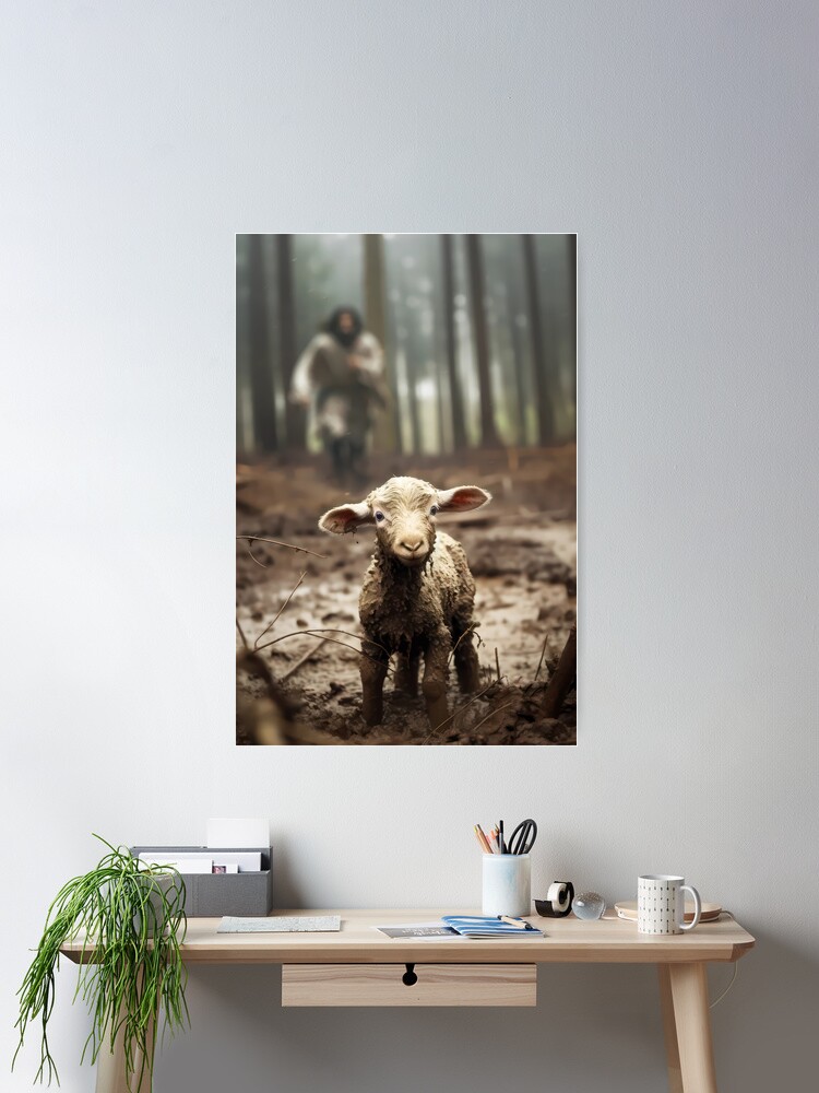 Thumbnail 2 of 3, Poster, Jesus Christ Running After Lost Lamb designed and sold by ArtfullyRad.
