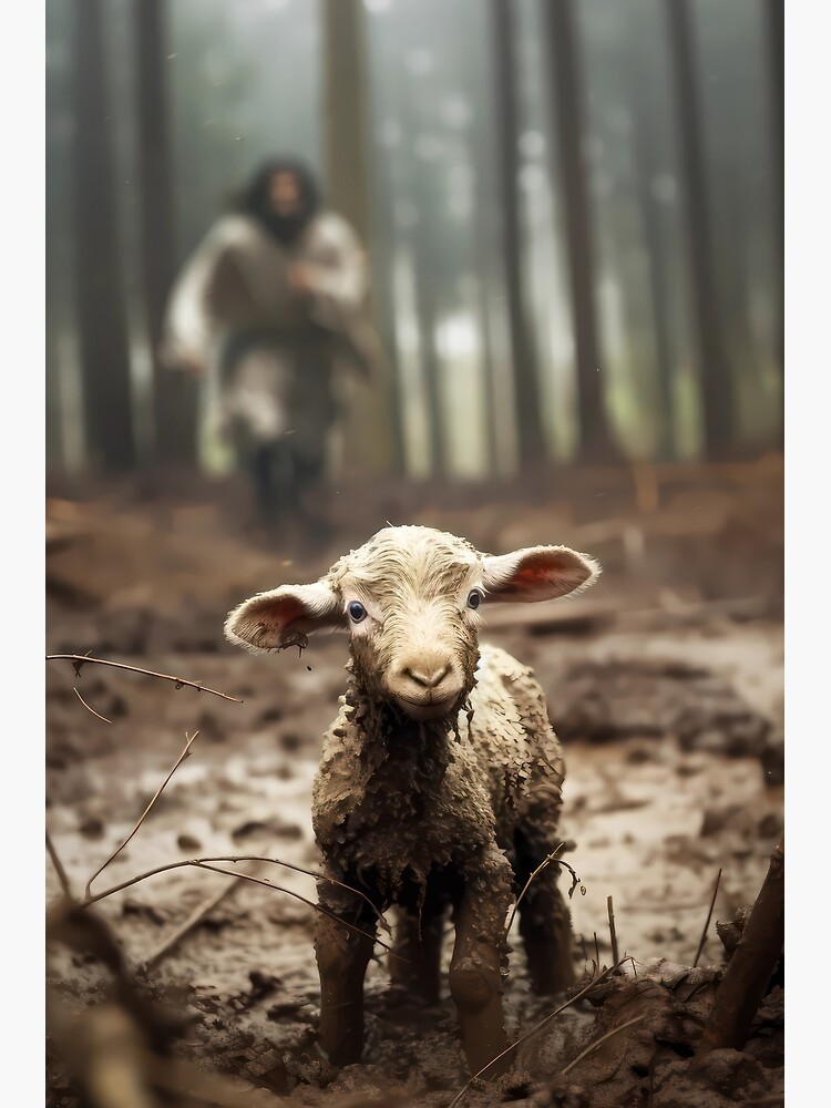 Thumbnail 3 of 3, Poster, Jesus Christ Running After Lost Lamb designed and sold by ArtfullyRad.