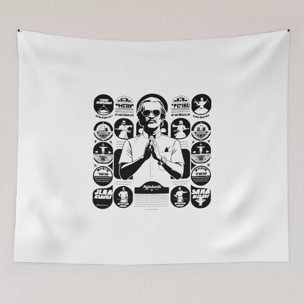 Item preview, Rajinikanth's iconic pose , bold white outline, fans' famous dialogues written in stylish Tamil typography circling the portrait, celebrating the superstar's film legacy designed and sold by StarArtsStudio.