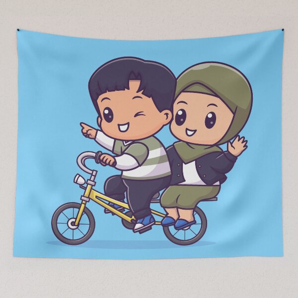 Item preview, Bike Buddies: Cute Couple with Boy and Girl in Hijab Riding Bicycle Together Cartoon Vector Icon Illustration designed and sold by hjian8219.