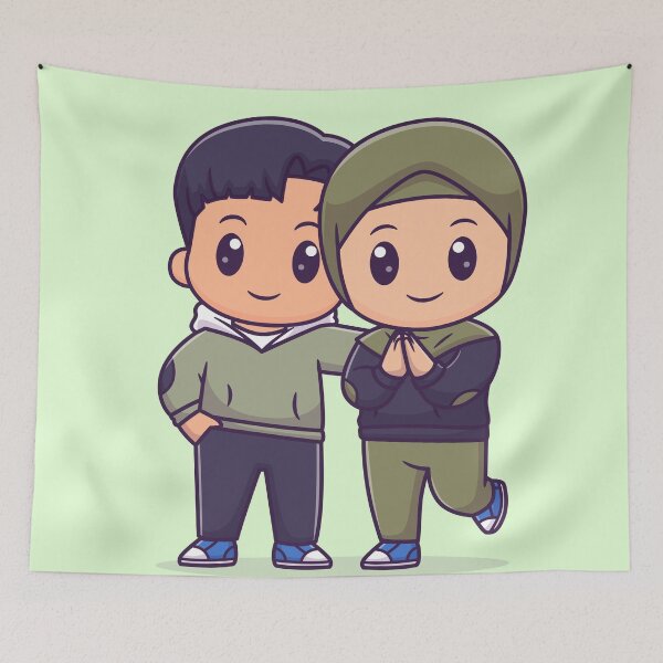 Item preview, Holiday Harmony: Cute Couple with Boy and Girl in Hijab Standing Cartoon Vector Icon Illustration designed and sold by hjian8219.