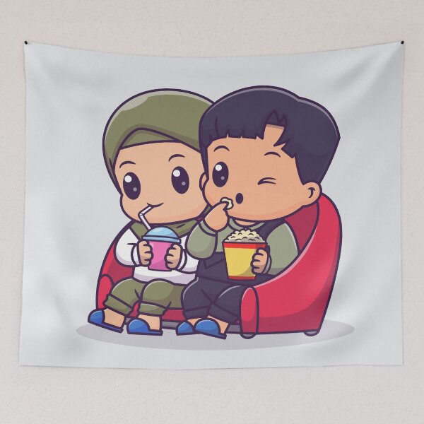 Item preview, Cozy Date Night: Cute Couple with Boy and Girl in Hijab Enjoying Popcorn and Soda on Sofa Cartoon Vector Illustration designed and sold by hjian8219.
