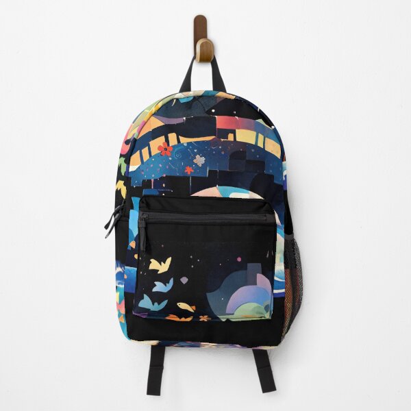 Item preview, Rainbow modern bridge on ocean made from a collage of sparsely arranged rectangular cut-outs in bright colors, art inspirations designed and sold by Gabi.Media.