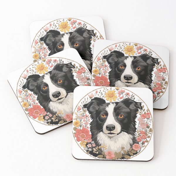 Item preview, Border collie with flowers floral Embroidery vintage stitched cottage core colorful pattern thread designed and sold by TankandDPS.