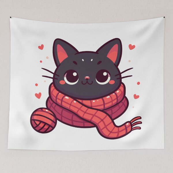 Item preview, Cat and knitting kawaii cat with yarn ball designed and sold by TomFrontierArt.
