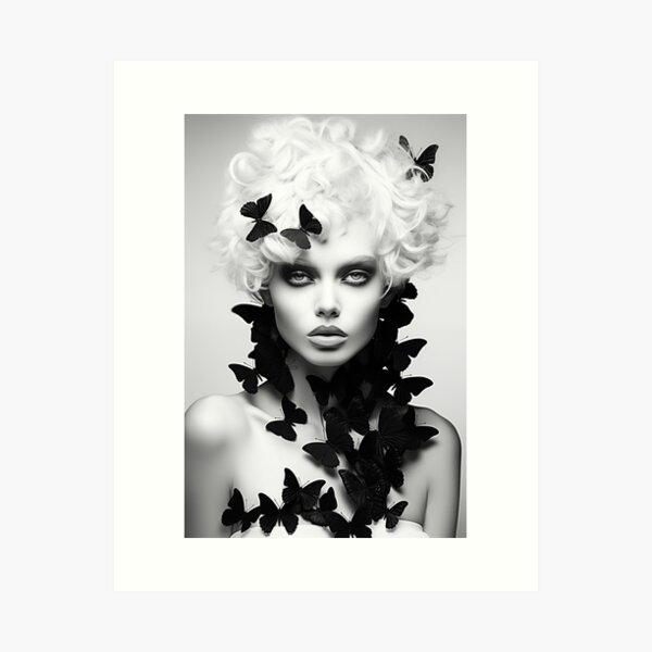 Blonde woman portrait with white butterflies Art Print