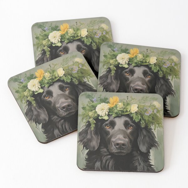 Item preview, black Flat Coated Retriever with floral wreath retro design designed and sold by retriever-dogs.