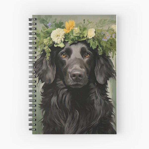 Item preview, black Flat Coated Retriever with floral wreath retro design designed and sold by retriever-dogs.