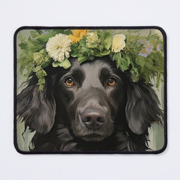 Item preview, black Flat Coated Retriever with floral wreath retro design designed and sold by retriever-dogs.