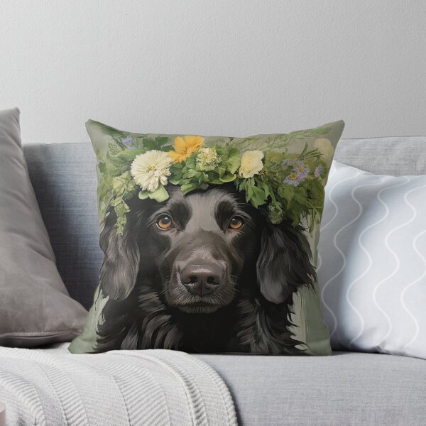 Item preview, black Flat Coated Retriever with floral wreath retro design designed and sold by retriever-dogs.