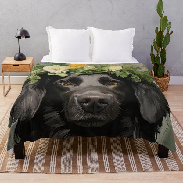 Item preview, black Flat Coated Retriever with floral wreath retro design designed and sold by retriever-dogs.
