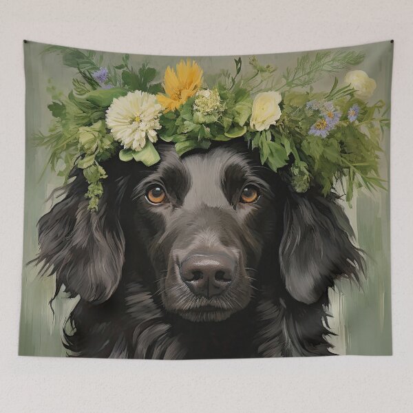 Item preview, black Flat Coated Retriever with floral wreath retro design designed and sold by retriever-dogs.