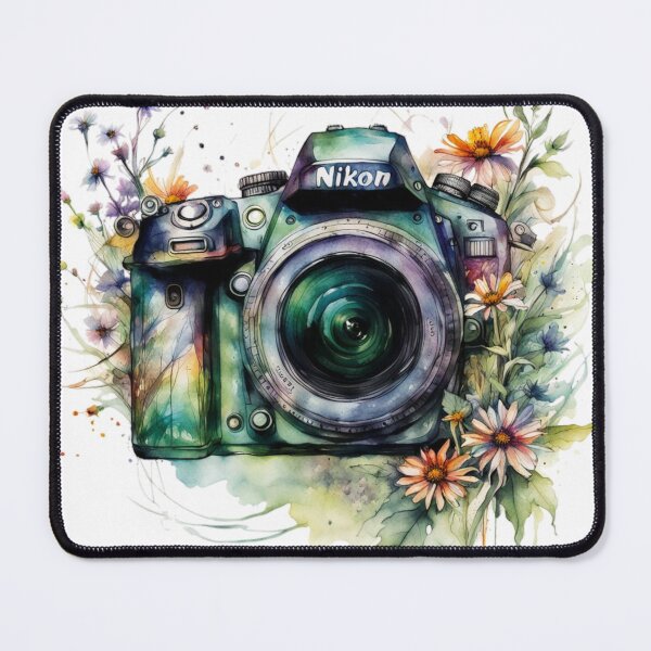 Aperçu de l'œuvre Appareil photo Nikon floral aquarelle créée et vendue par RiverAquarius.