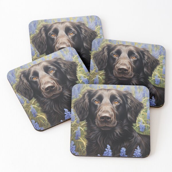 Item preview, Flat Coated Retriever amidst blue flowers designed and sold by retriever-dogs.