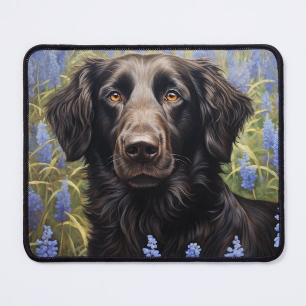 Item preview, Flat Coated Retriever amidst blue flowers designed and sold by retriever-dogs.