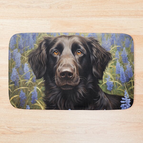 Item preview, Flat Coated Retriever amidst blue flowers designed and sold by retriever-dogs.
