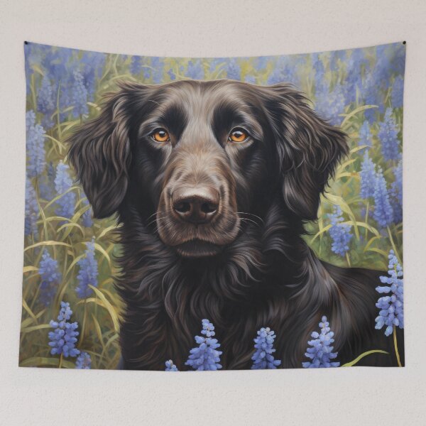 Item preview, Flat Coated Retriever amidst blue flowers designed and sold by retriever-dogs.
