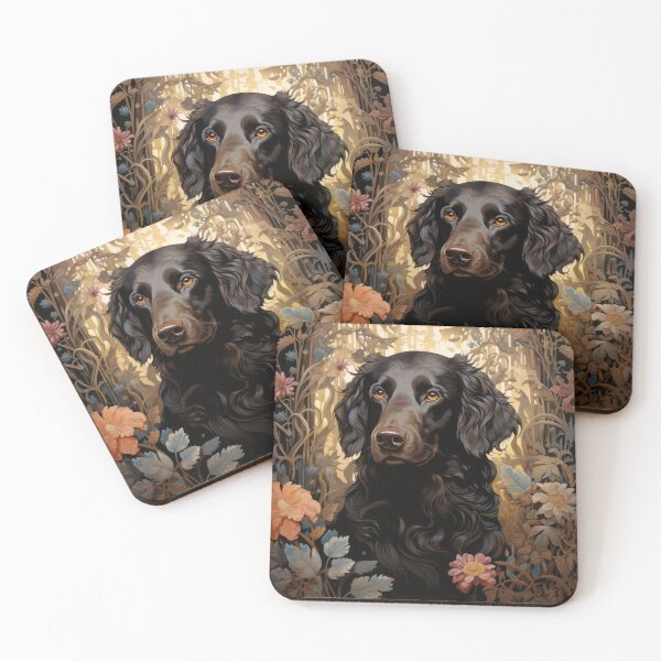 Item preview, brown Flat Coated Retriever dog portrait in floral retro design designed and sold by retriever-dogs.
