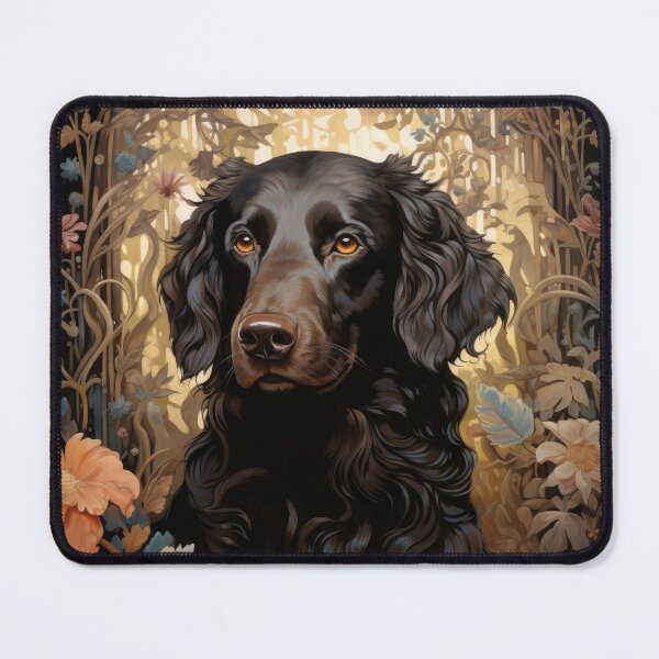 Item preview, brown Flat Coated Retriever dog portrait in floral retro design designed and sold by retriever-dogs.