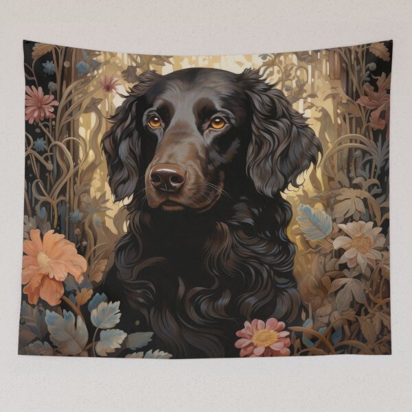 Item preview, brown Flat Coated Retriever dog portrait in floral retro design designed and sold by retriever-dogs.