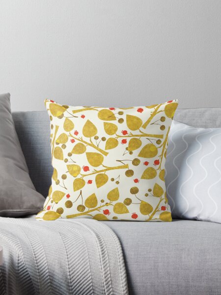 Golden Leaves Cherries 'n Buds Pattern Throw Pillow