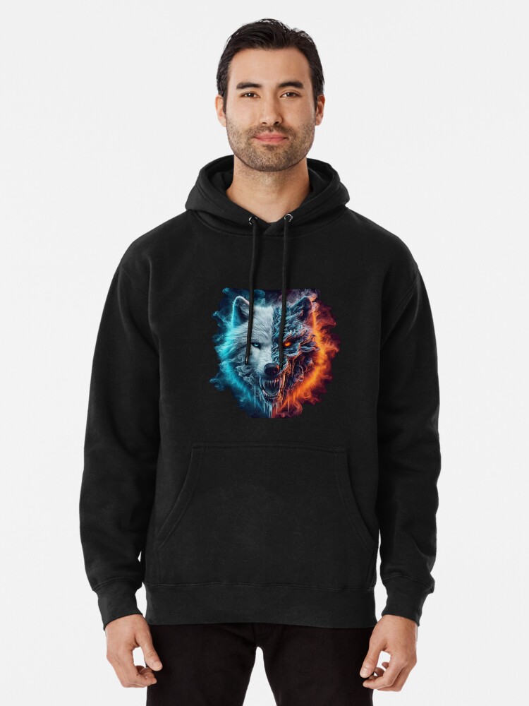 Mens Hoodies Ice Fire Wolf Hoodie Wolf Half Ice And Half Fire