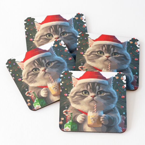Artikelvorschau, Lustige dicke Katze mit Weihnachtsmütze trinkt Milch und sitzt neben Weihnachtsbäumen entworfen und verkauft von IwonaShop.