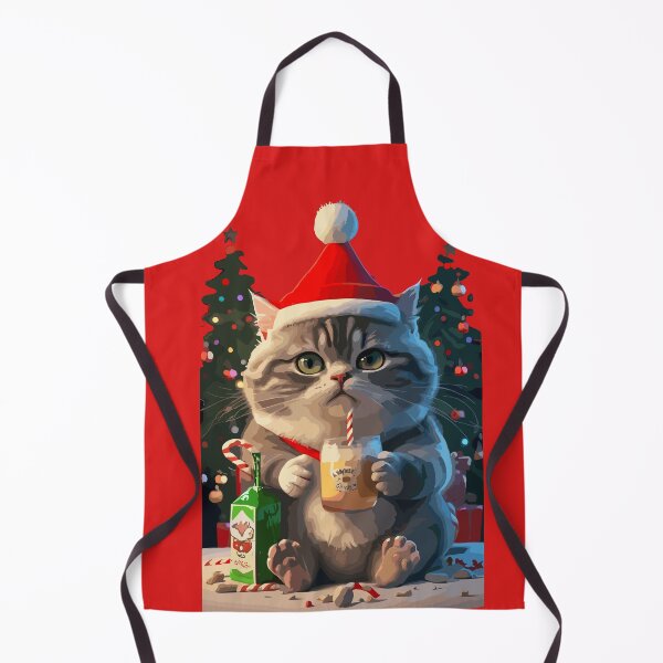 Artikelvorschau, Lustige dicke Katze mit Weihnachtsmütze trinkt Milch und sitzt neben Weihnachtsbäumen entworfen und verkauft von IwonaShop.