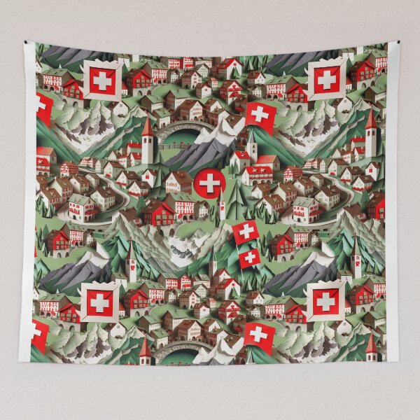 Artikelvorschau, Schweizer Dorf-Volkskunstpapier geschnitten grün rot entworfen und verkauft von Alessandro Remo Mazzoni Remotextiles.