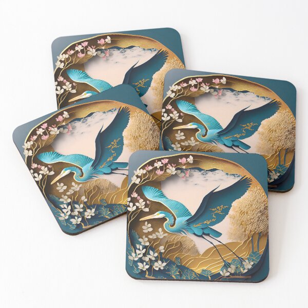 Item preview, Heron, Gold, Layered Paper, Paper Cut, Blooms, Flowers, Blossom, Floral, Tree, Blue, Dark Blue, Pink designed and sold by Golden-Feathers.