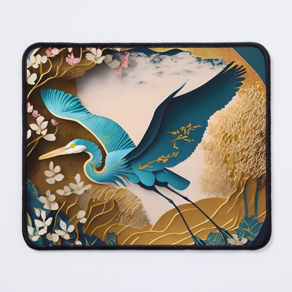 Item preview, Heron, Gold, Layered Paper, Paper Cut, Blooms, Flowers, Blossom, Floral, Tree, Blue, Dark Blue, Pink designed and sold by Golden-Feathers.