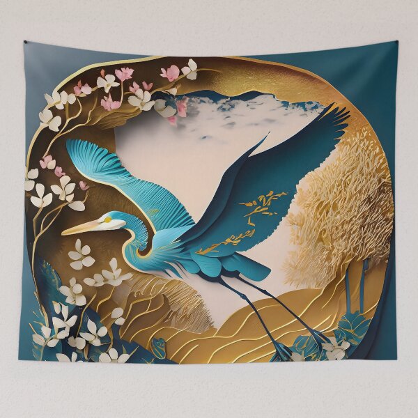 Item preview, Heron, Gold, Layered Paper, Paper Cut, Blooms, Flowers, Blossom, Floral, Tree, Blue, Dark Blue, Pink designed and sold by Golden-Feathers.