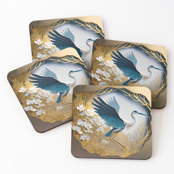 Item preview, Heron, Gold, Layered Paper, Paper Cut, Blooms, Flowers, Blossom, Floral, Tree, Blue, Dark Blue, White designed and sold by Golden-Feathers.