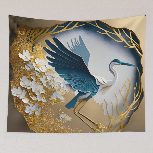 Item preview, Heron, Gold, Layered Paper, Paper Cut, Blooms, Flowers, Blossom, Floral, Tree, Blue, Dark Blue, White designed and sold by Golden-Feathers.