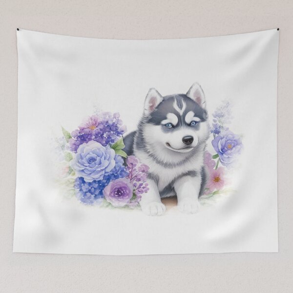 Artikelvorschau, Ein süßes Siberian Husky-Baby blüht um den Aquarell-Shiba entworfen und verkauft von artbibun.