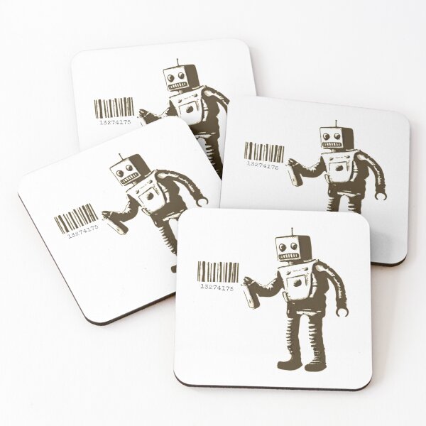 Item preview, Banksy smiling Robot and barcodes Better Out Than In New York City residency black and white HD HIGHT QUALITY ONLINE STORE designed and sold by QuirkByLgnatius.
