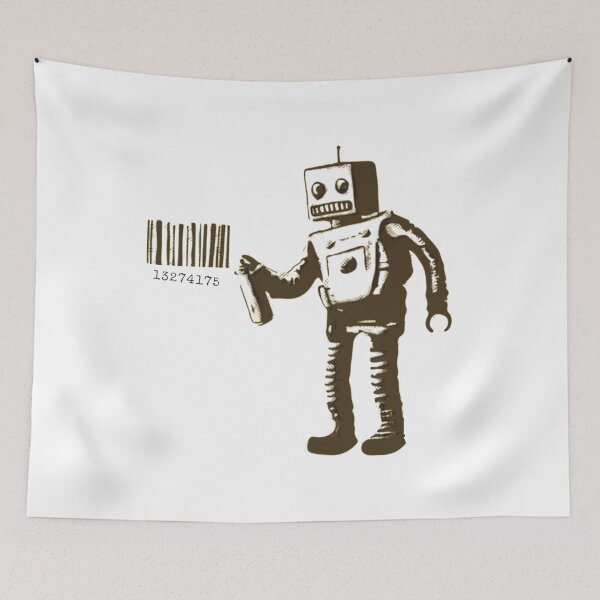 Item preview, Banksy smiling Robot and barcodes Better Out Than In New York City residency black and white HD HIGHT QUALITY ONLINE STORE designed and sold by QuirkByLgnatius.