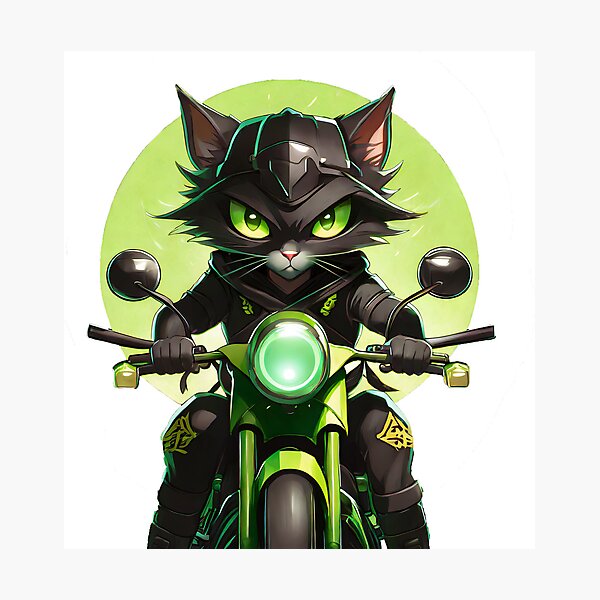 Item preview, Green Samurai Kitten racing on a Motorcycle designed and sold by BADESIGNZZ.