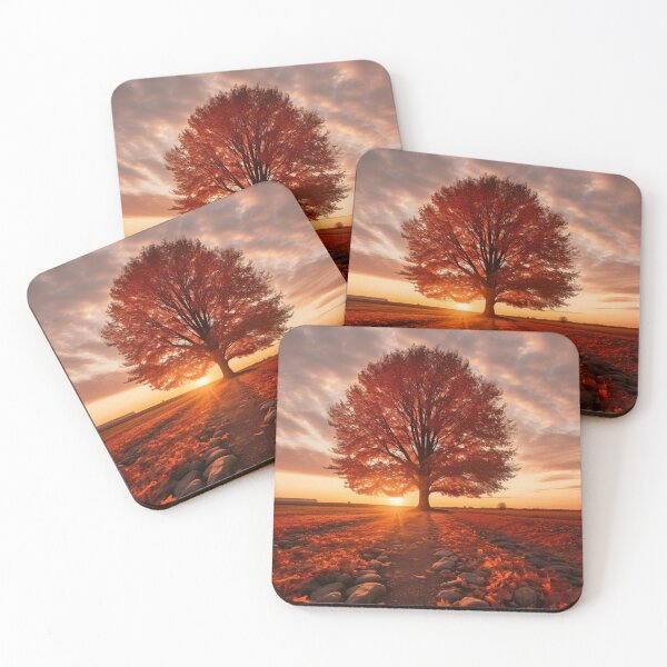 Item preview, Hazy sunset scene with lonely Autumn tree - Landscape photography designed and sold by TheArtistOf2022.