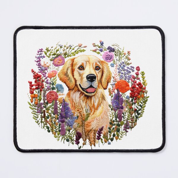 Item preview, Golden retriever with flowers floral Embroidery vintage stitched cottage core colorful pattern thread designed and sold by TankandDPS.