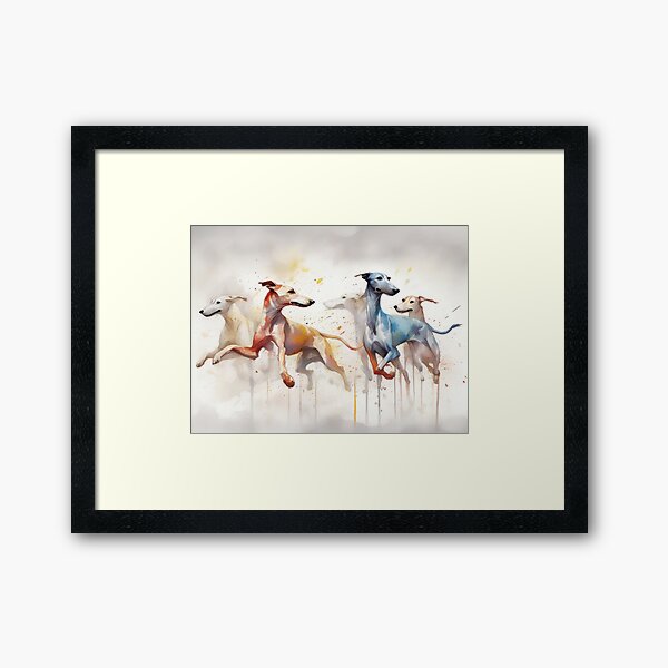 Vista previa del artículo con la obra «Galgos corriendo con fondo de pintura Misty Splash», diseñado y vendido por Wolfheartart.