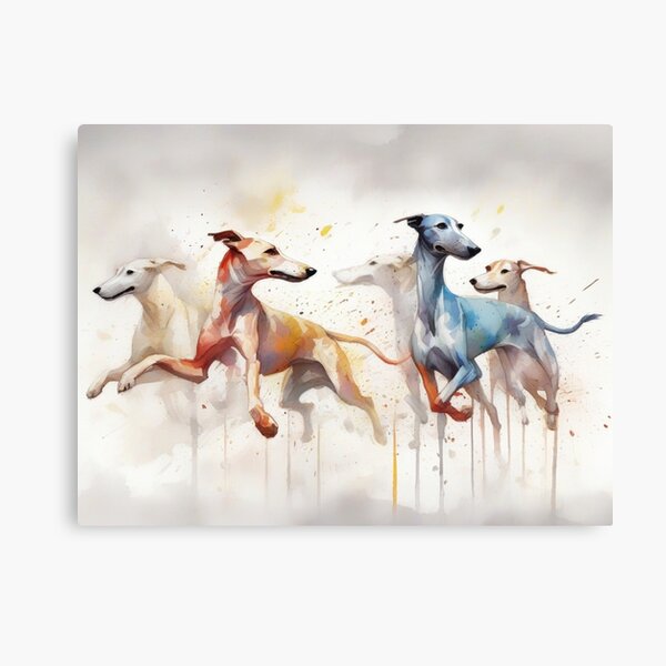 Vista previa del artículo con la obra «Galgos corriendo con fondo de pintura Misty Splash», diseñado y vendido por Wolfheartart.