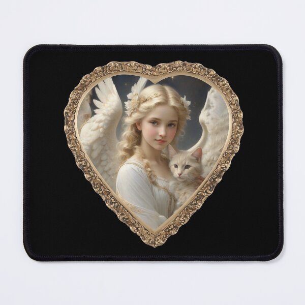 Item preview, Beautiful angel with her cat on a heart shaped antique frame designed and sold by PawPawa.